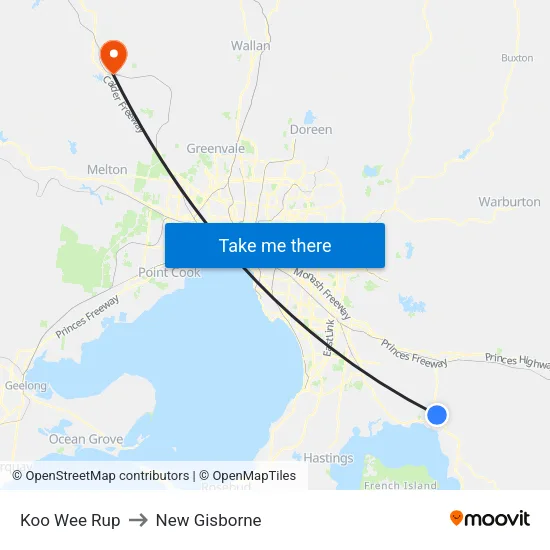Koo Wee Rup to New Gisborne map