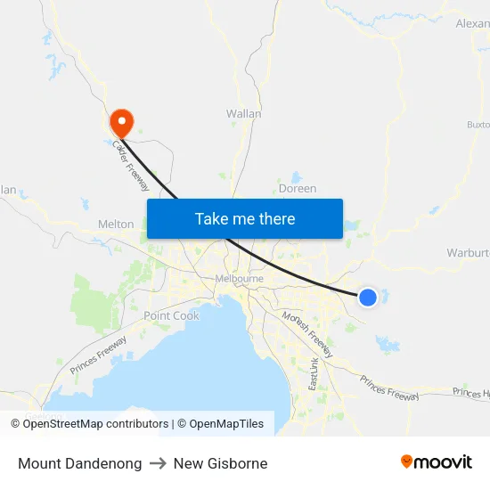 Mount Dandenong to New Gisborne map
