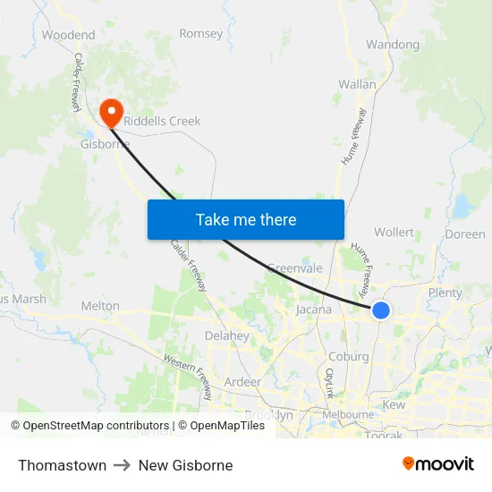 Thomastown to New Gisborne map