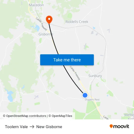 Toolern Vale to New Gisborne map