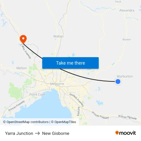 Yarra Junction to New Gisborne map