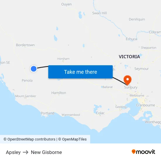 Apsley to New Gisborne map