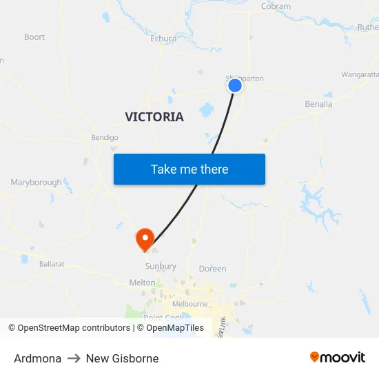 Ardmona to New Gisborne map