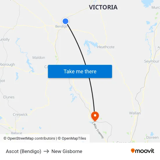 Ascot (Bendigo) to New Gisborne map