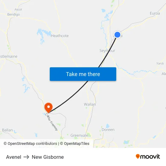 Avenel to New Gisborne map