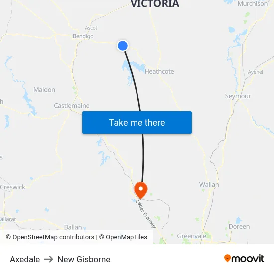 Axedale to New Gisborne map