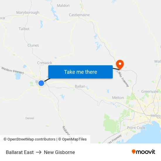 Ballarat East to New Gisborne map
