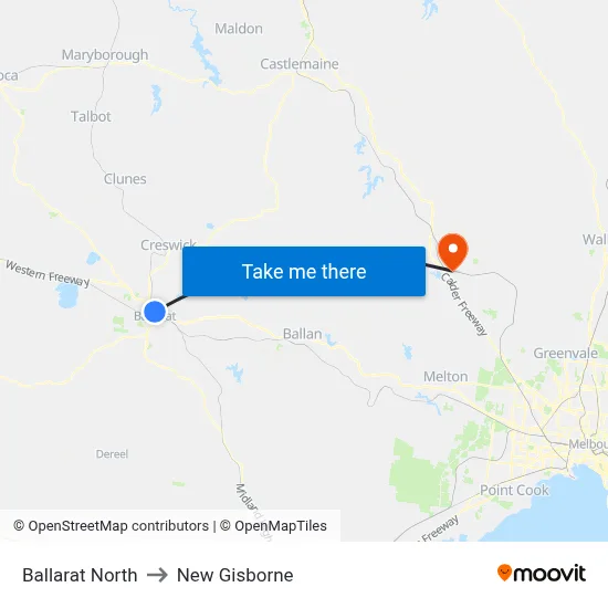 Ballarat North to New Gisborne map