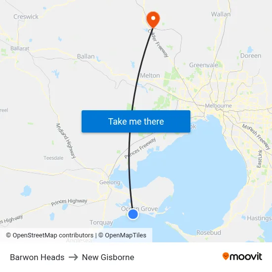Barwon Heads to New Gisborne map