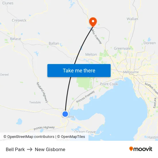Bell Park to New Gisborne map