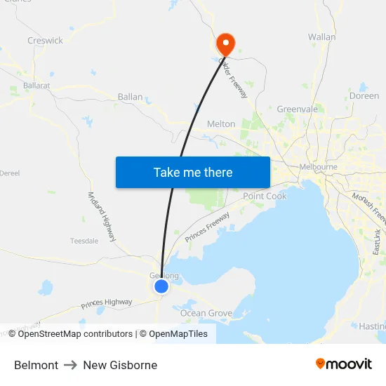 Belmont to New Gisborne map