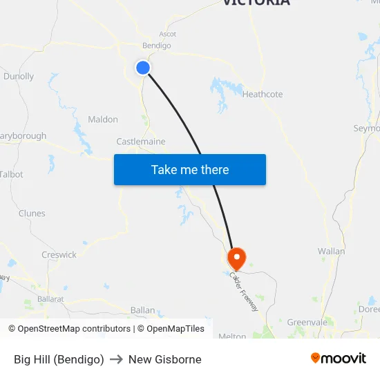 Big Hill (Bendigo) to New Gisborne map