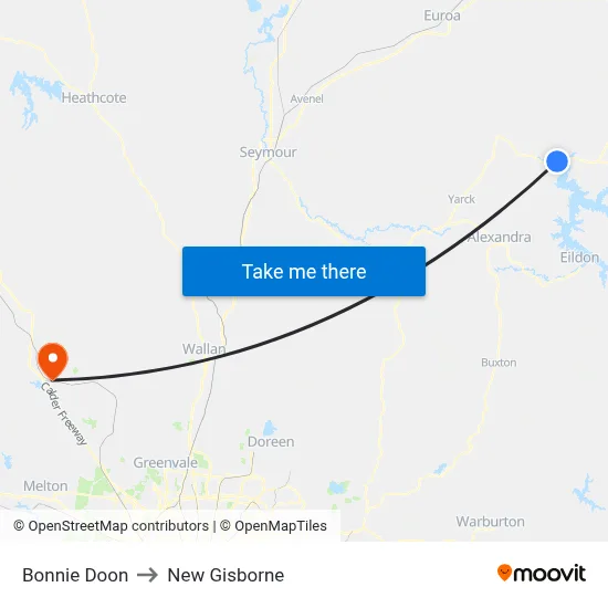 Bonnie Doon to New Gisborne map
