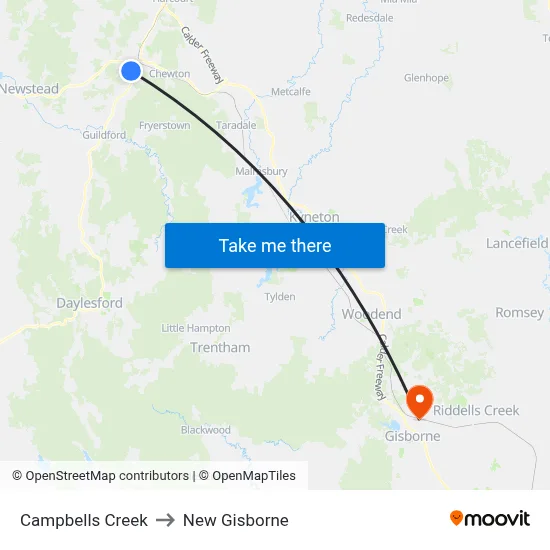 Campbells Creek to New Gisborne map