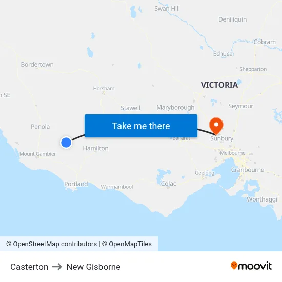 Casterton to New Gisborne map