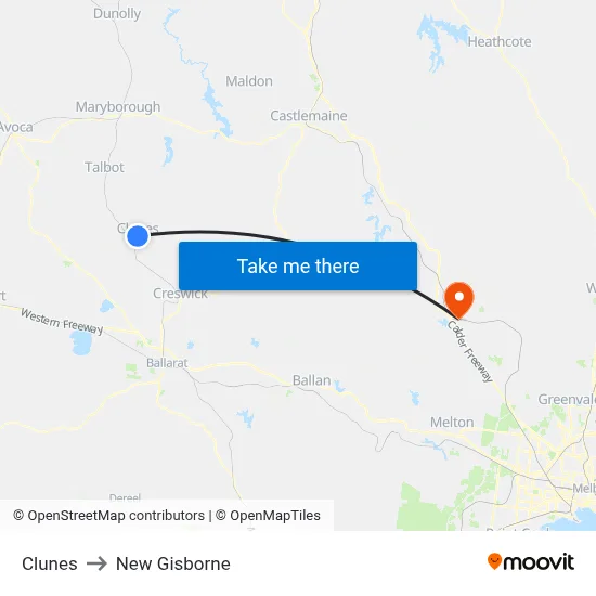 Clunes to New Gisborne map
