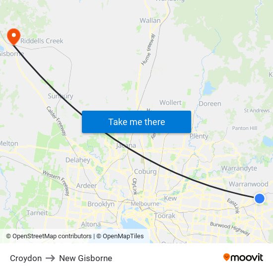 Croydon to New Gisborne map