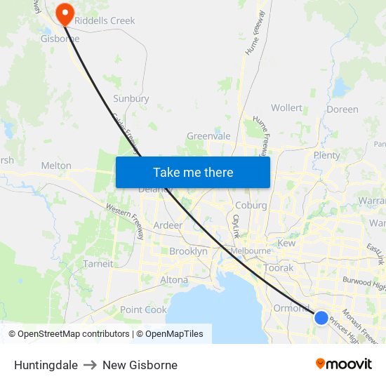 Huntingdale to New Gisborne map