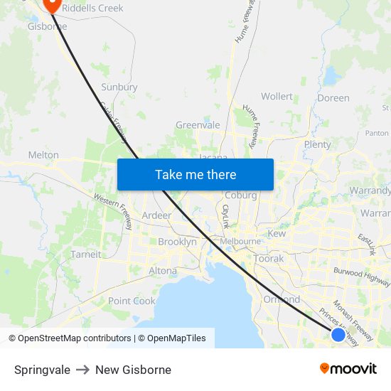 Springvale to New Gisborne map