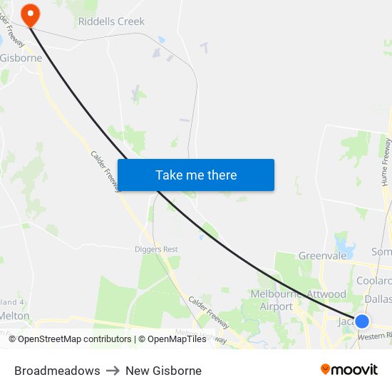 Broadmeadows to New Gisborne map