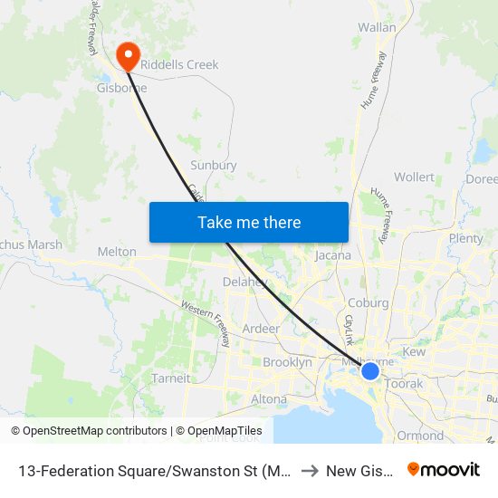 13-Federation Square/Swanston St (Melbourne City) to New Gisborne map