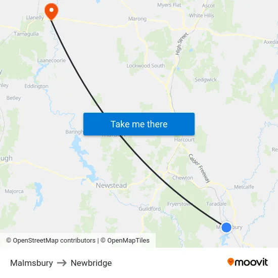 Malmsbury to Newbridge map