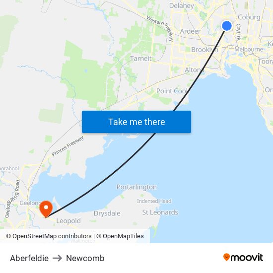 Aberfeldie to Newcomb map
