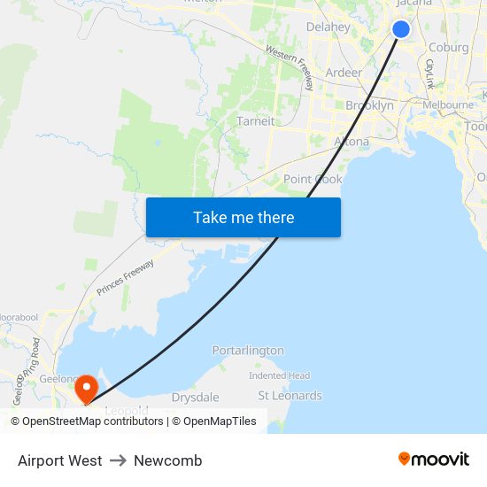 Airport West to Newcomb map