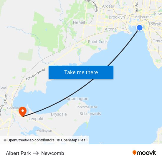 Albert Park to Newcomb map