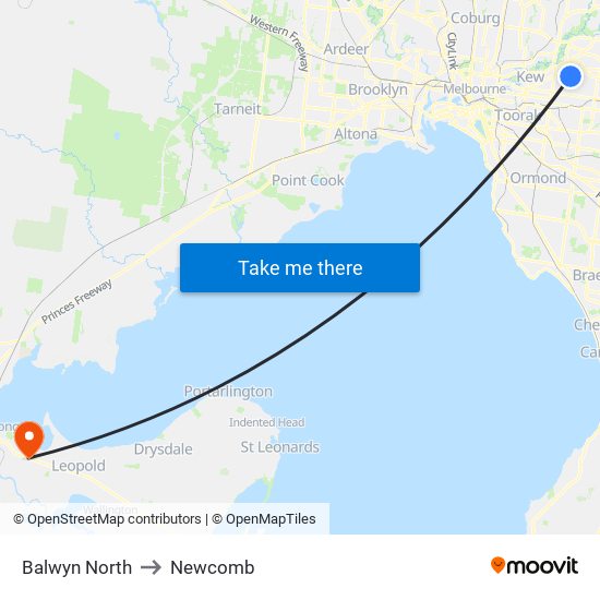 Balwyn North to Newcomb map