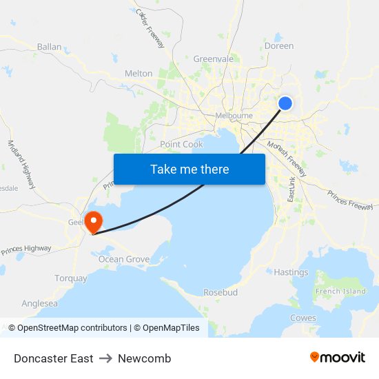 Doncaster East to Newcomb map
