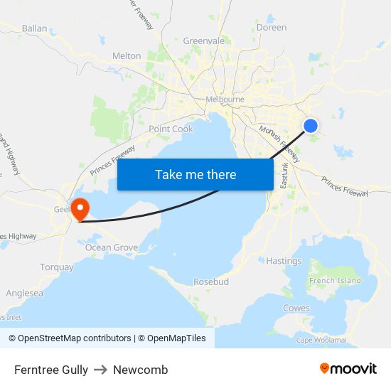 Ferntree Gully to Newcomb map