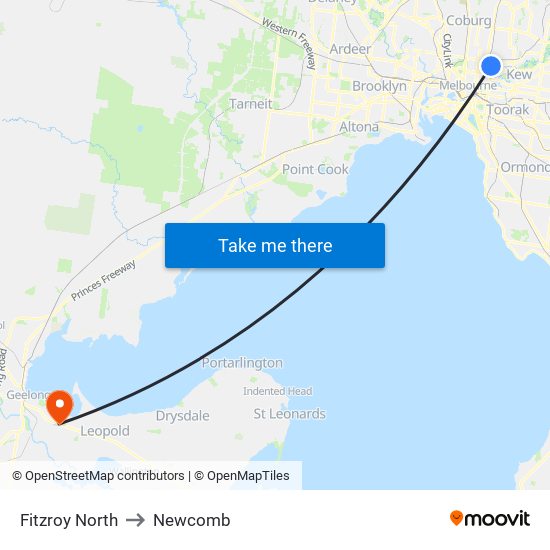 Fitzroy North to Newcomb map