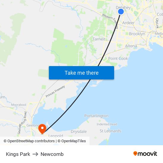 Kings Park to Newcomb map