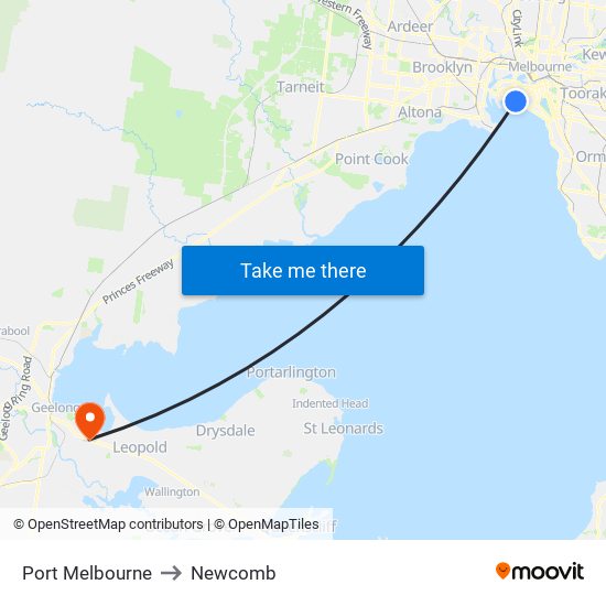 Port Melbourne to Newcomb map