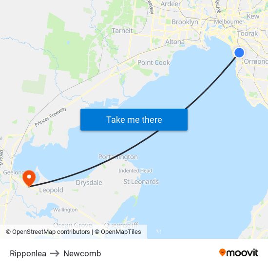 Ripponlea to Newcomb map