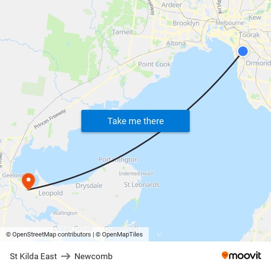 St Kilda East to Newcomb map