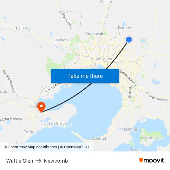 Wattle Glen to Newcomb map