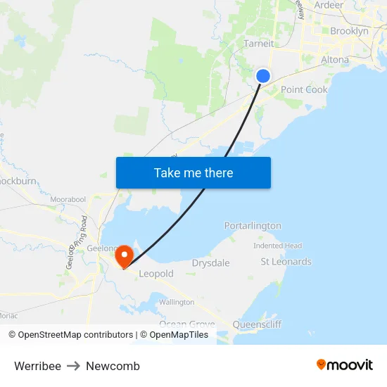Werribee to Newcomb map