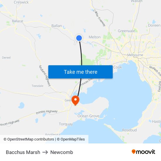 Bacchus Marsh to Newcomb map