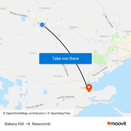 Bakery Hill to Newcomb map