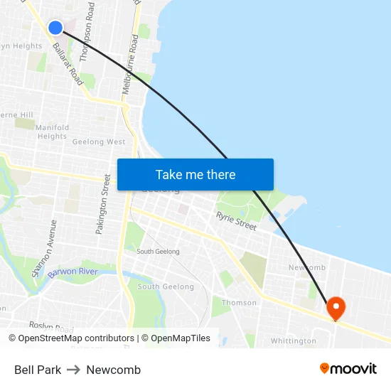 Bell Park to Newcomb map
