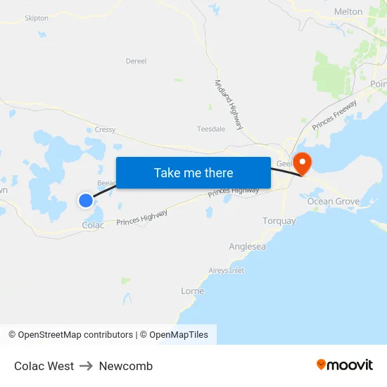 Colac West to Newcomb map