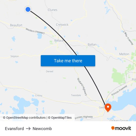 Evansford to Newcomb map