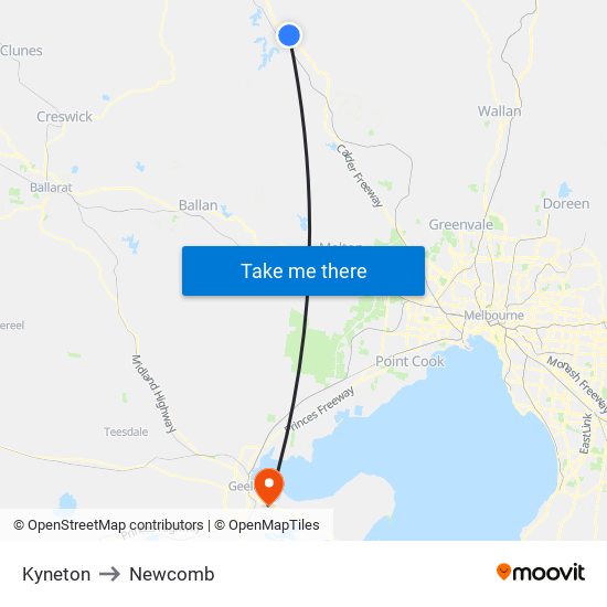 Kyneton to Newcomb map