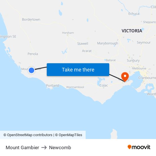 Mount Gambier to Newcomb map