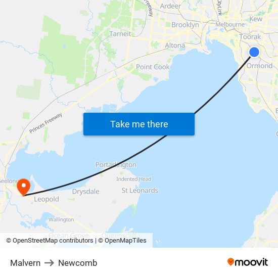 Malvern to Newcomb map