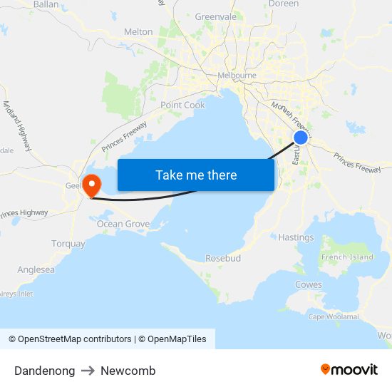Dandenong to Newcomb map