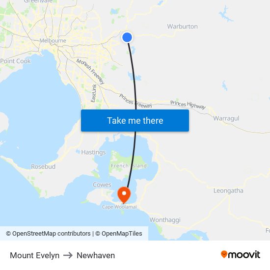 Mount Evelyn to Newhaven map