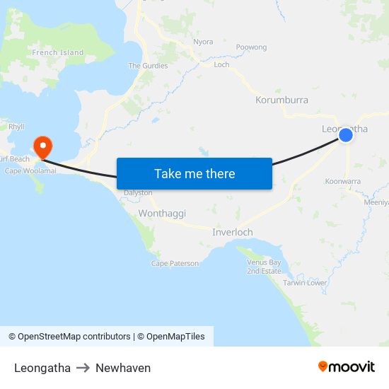 Leongatha to Newhaven map